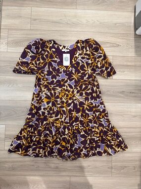 Olivaceous Purple and Yellow Floral Ruffle-Hem Midi Boutique Dress